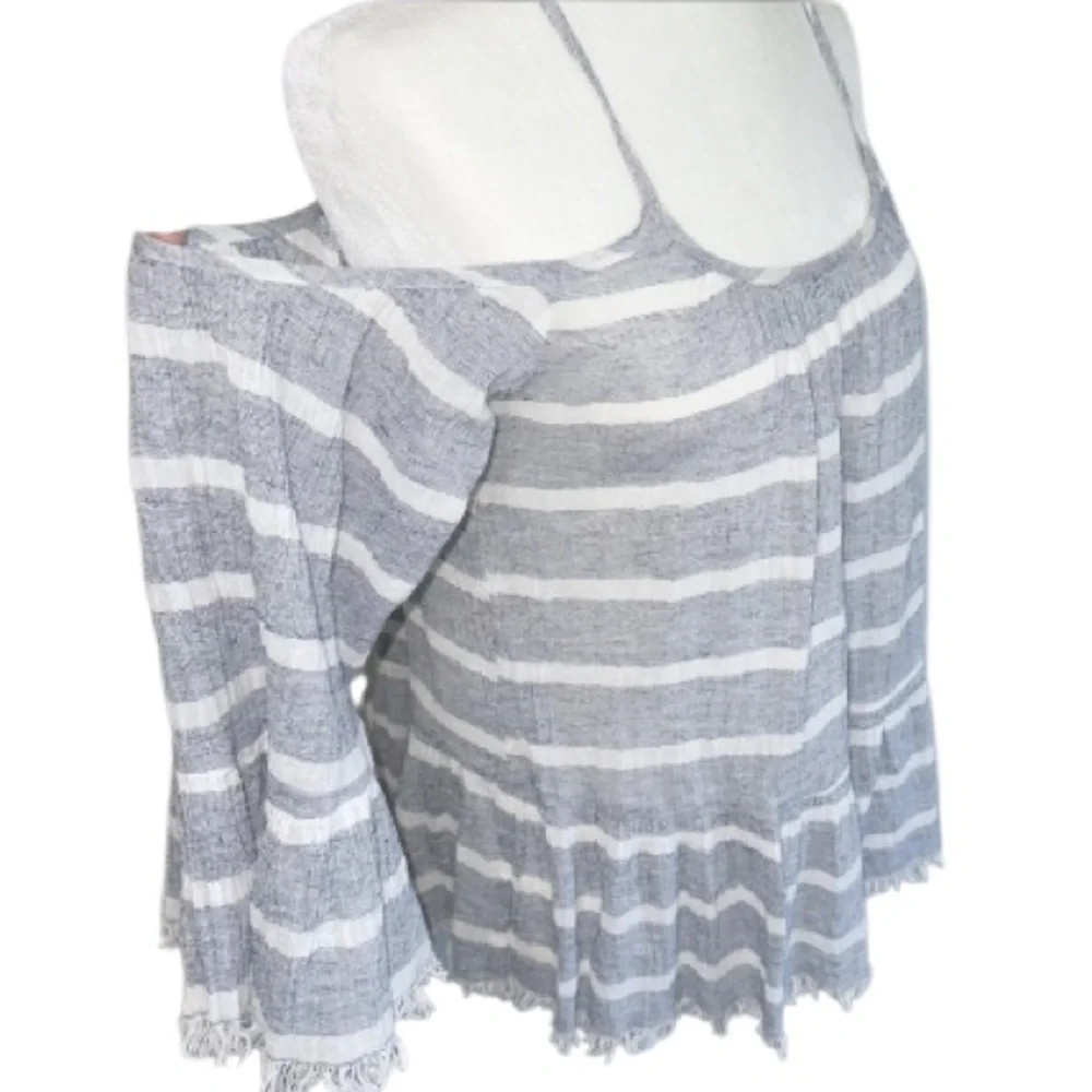 En Créme Cotton Blue Gauze Stripe Bell Sleeve Top Medium - Picture 10 of 12